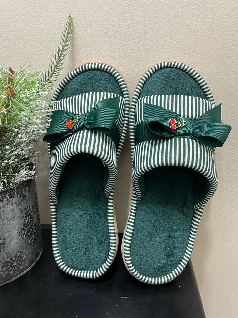 isotoner Green Striped Bow Slide Slippers with Cherry Accent